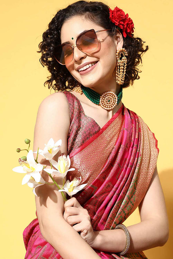 Saliya Pink Silk Blend Geometric Woven Banarasi One Minute Saree