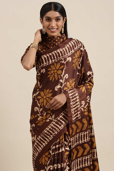 Marni Brown Manipuri Silk Floral Block Print One Minute Saree