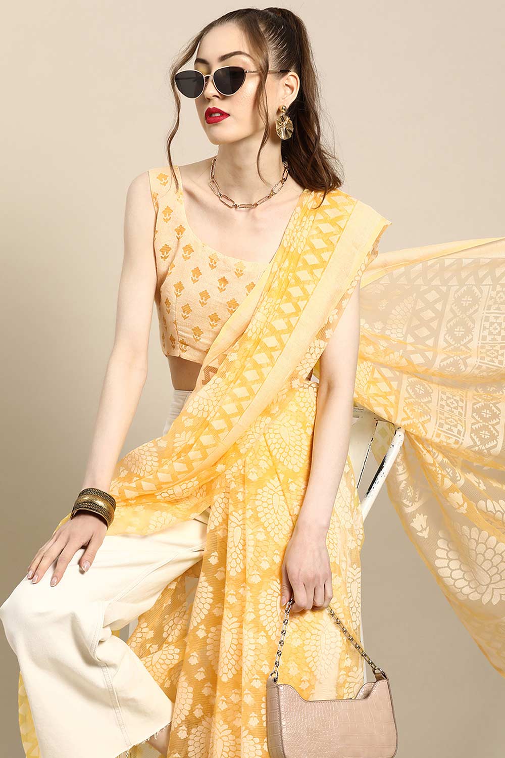 Dory Yellow Brasso Floral Print Chanderi One Minute Saree
