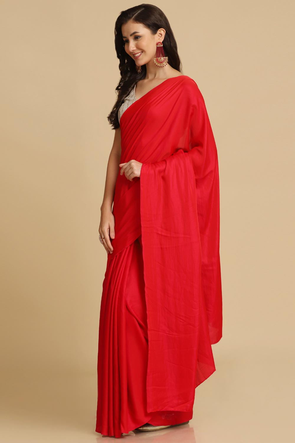 Buy Red Zari Woven Fancy Satin One Minute Saree Online - Back
