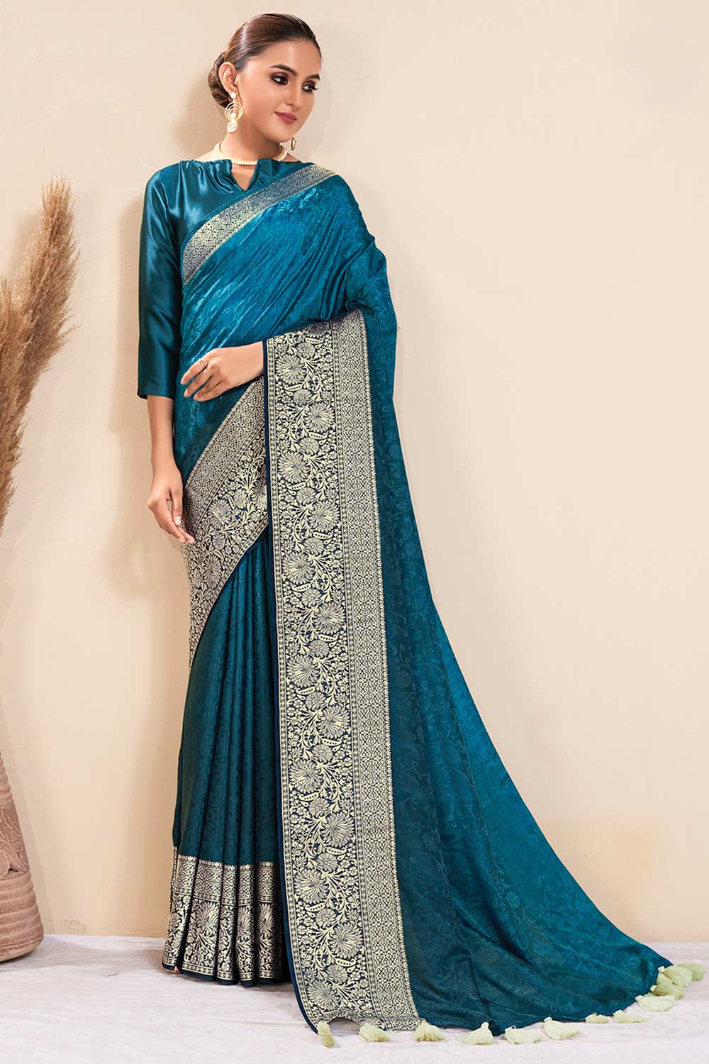 Buy Blue Dola Silk Floral Design One Minute Saree Online