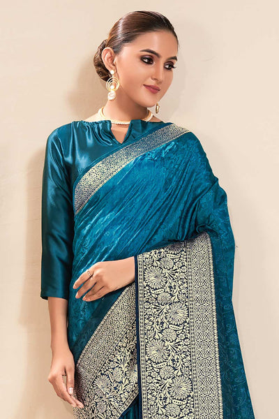 Buy Blue Dola Silk Floral Design One Minute Saree Online - Back