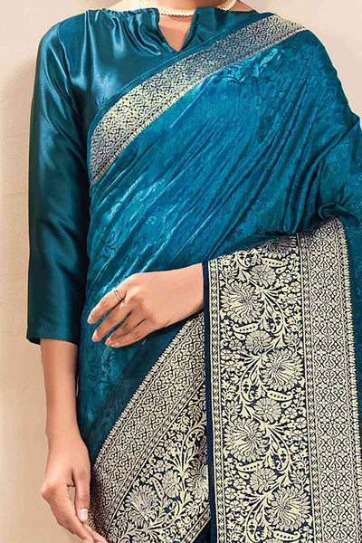 Buy Blue Dola Silk Floral Design One Minute Saree Online - Front