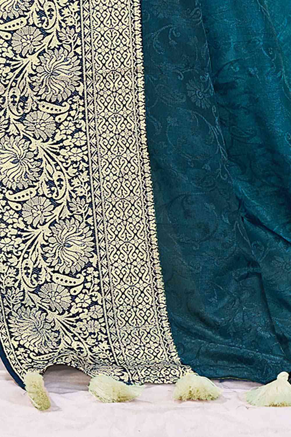 Buy Blue Dola Silk Floral Design One Minute Saree Online - Side