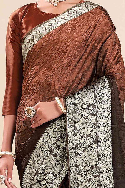Buy Coffee Brown Dola Silk Floral Design One Minute Saree Online - Front