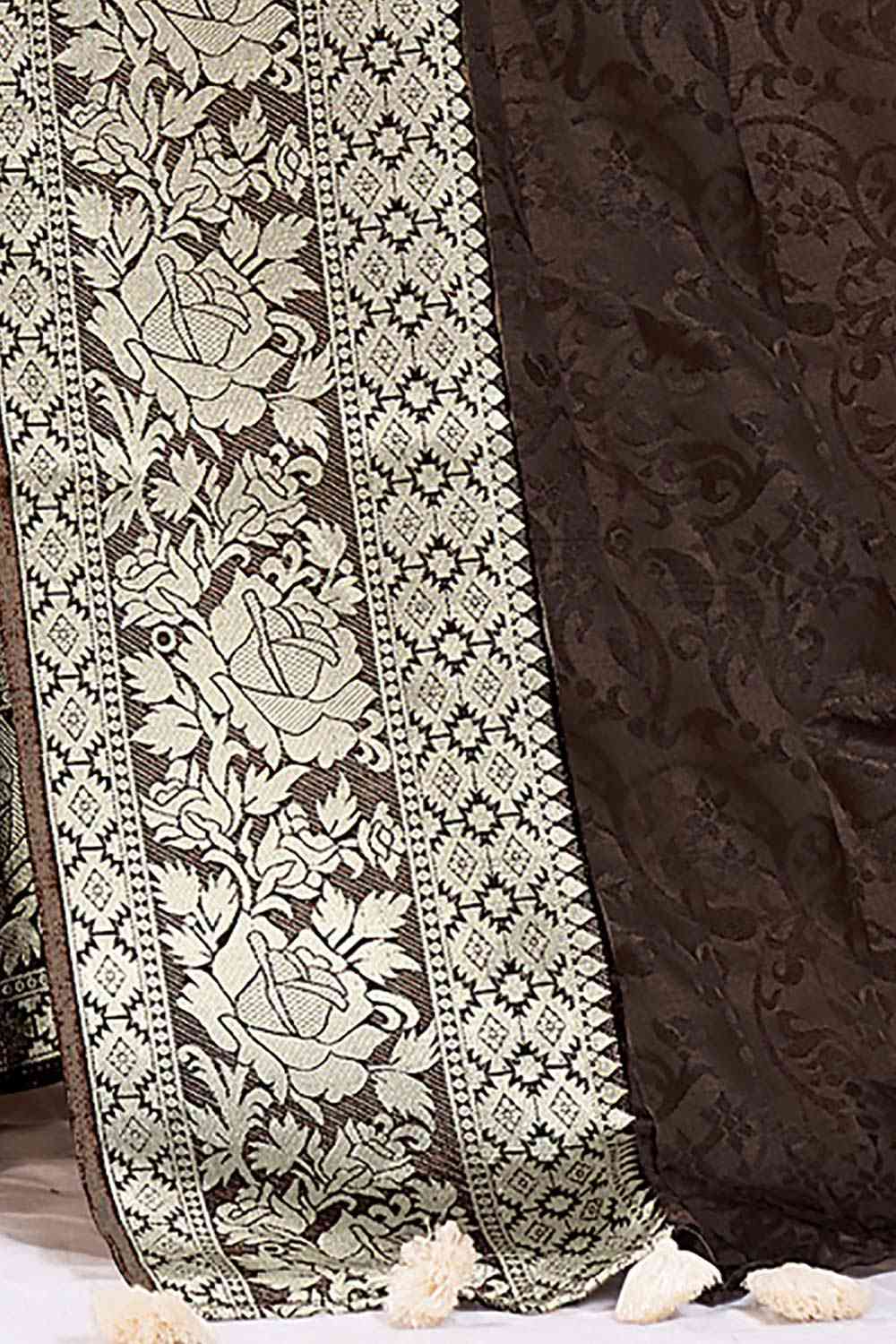 Buy Coffee Brown Dola Silk Floral Design One Minute Saree Online - Side
