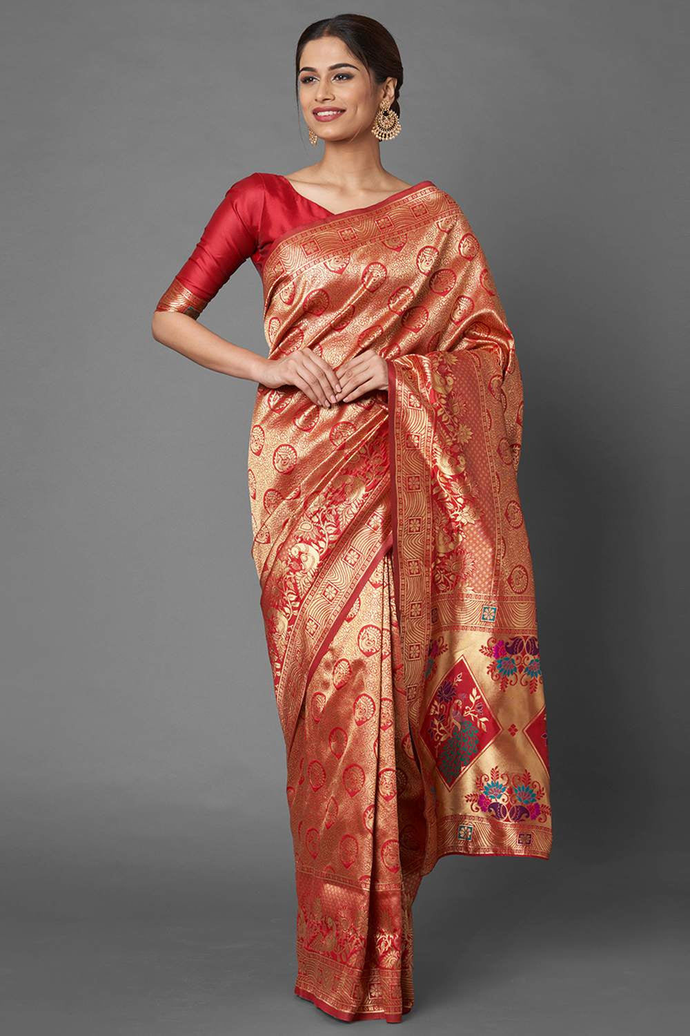 Buy Women's Red Zari Silk Blend One Minute Saree