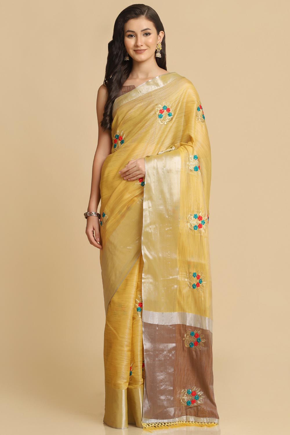 Buy Light Yellow Resham Embroidery One Minute Saree Online
