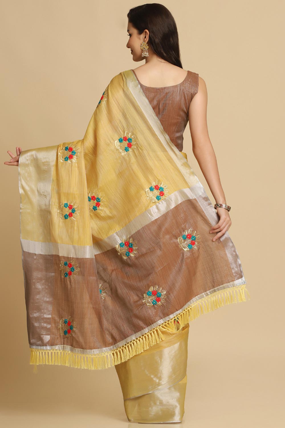 Buy Light Yellow Resham Embroidery One Minute Saree Online - Front