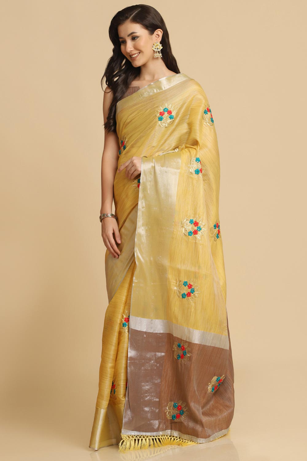 Buy Light Yellow Resham Embroidery One Minute Saree Online - Zoom In