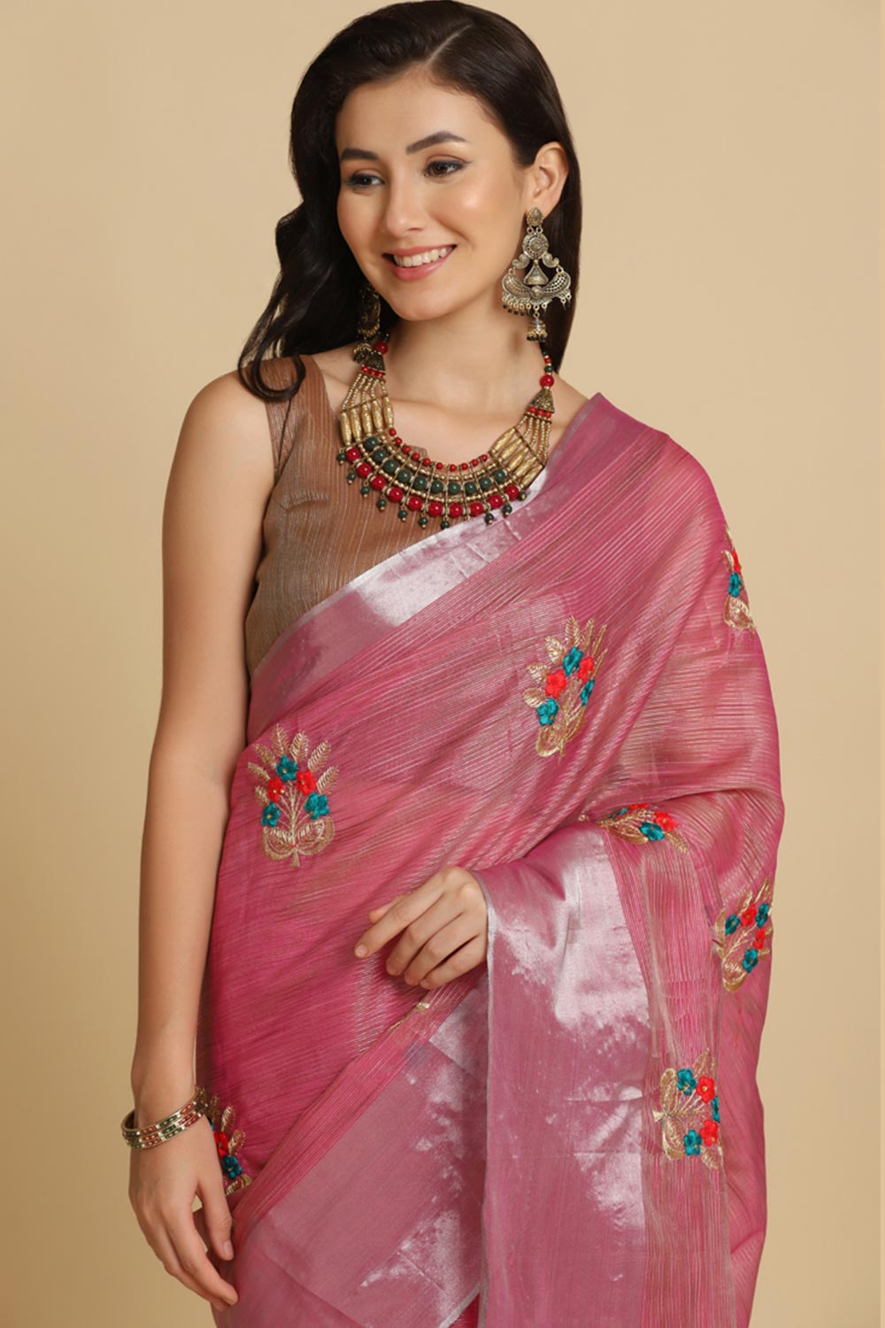Buy Dark Pink Resham Embroidery One Minute Saree Online - Back