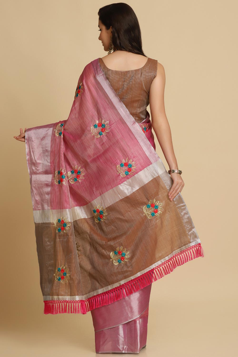 Buy Dark Pink Resham Embroidery One Minute Saree Online - Front