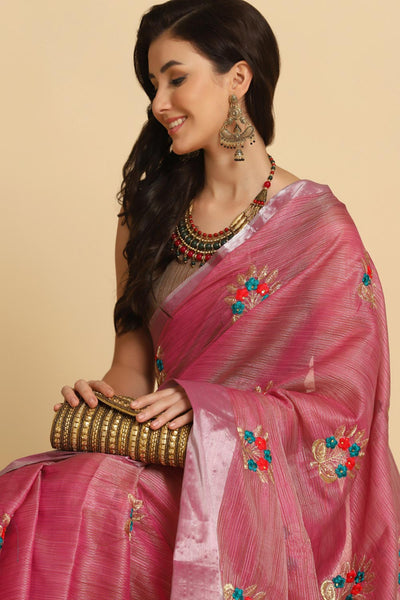 Buy Dark Pink Resham Embroidery One Minute Saree Online - Zoom In