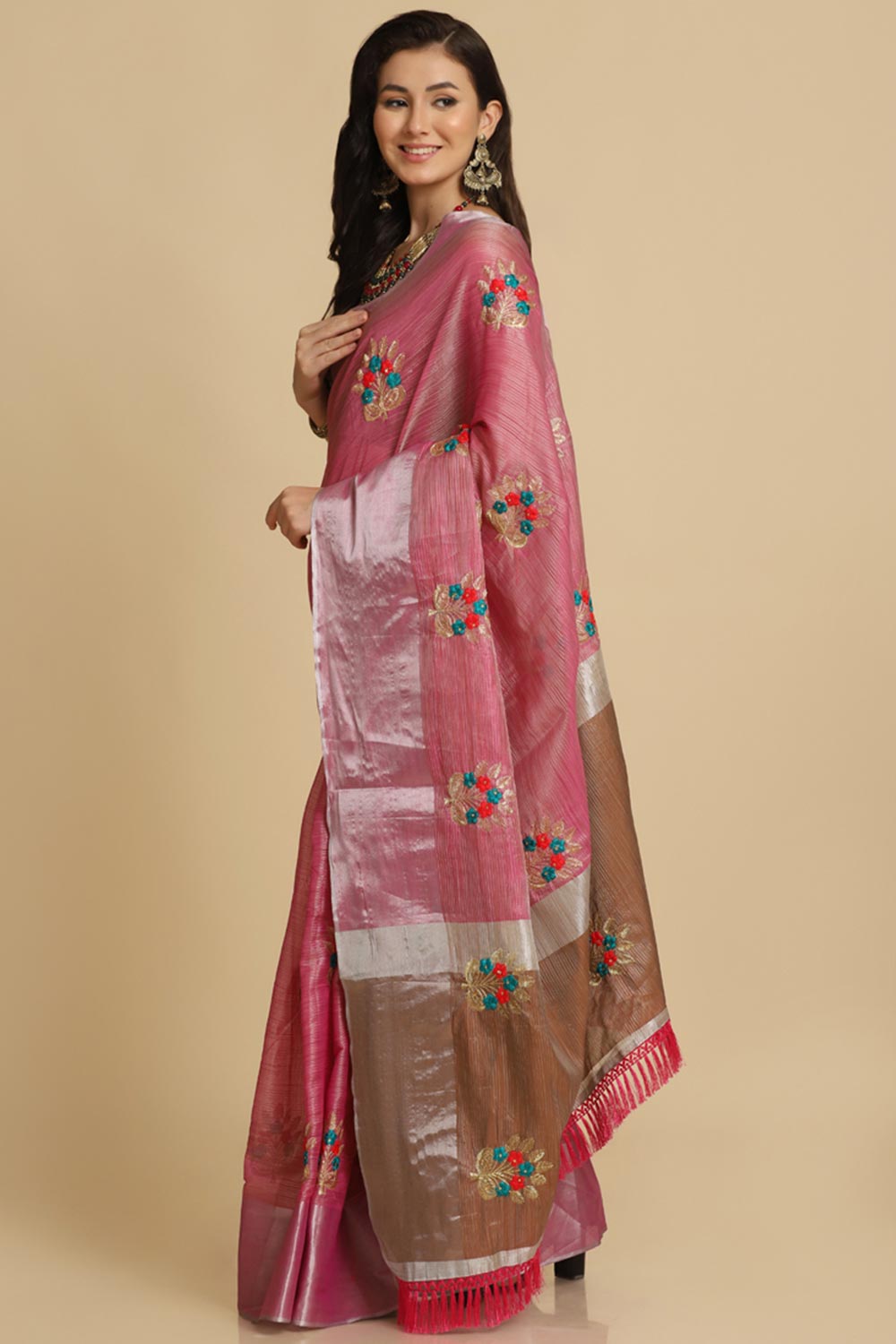 Buy Dark Pink Resham Embroidery One Minute Saree Online - Zoom Out
