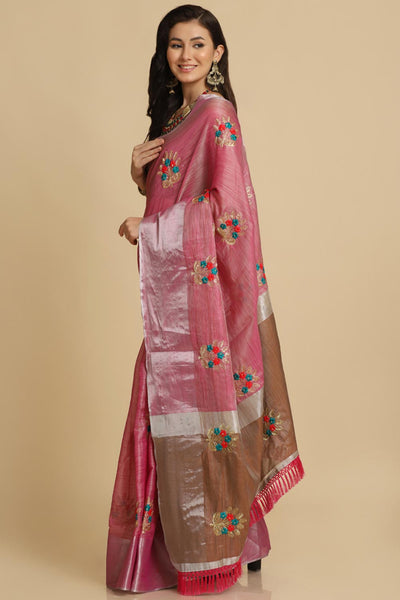 Buy Dark Pink Resham Embroidery One Minute Saree Online - Zoom Out