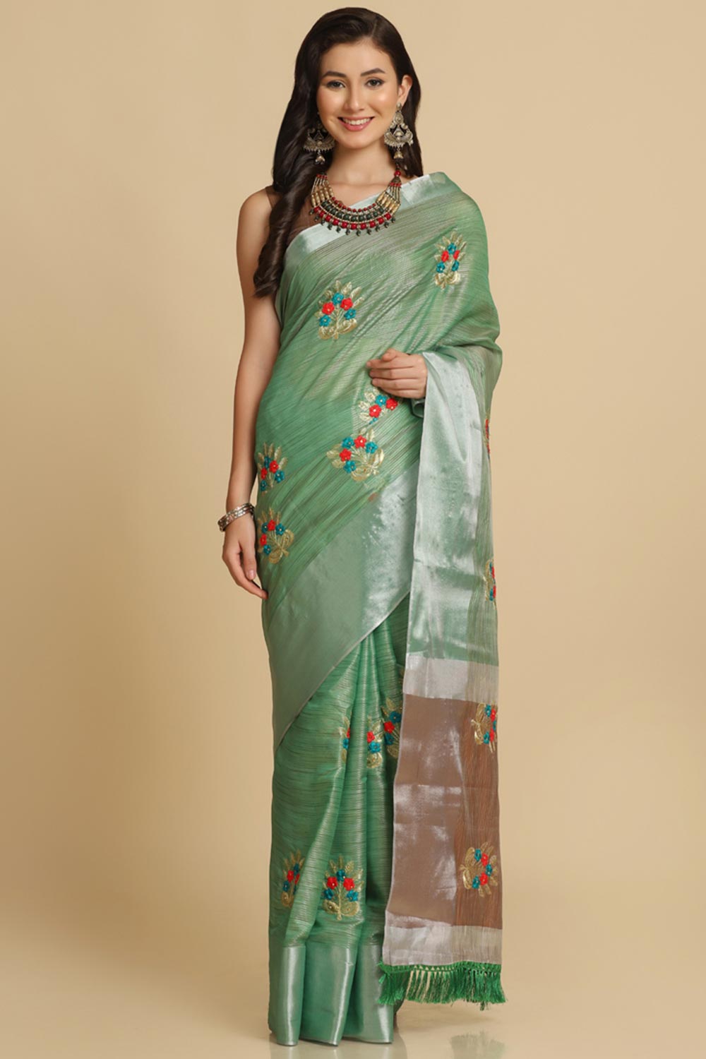 Buy Sea Green Resham Embroidery One Minute Saree Online
