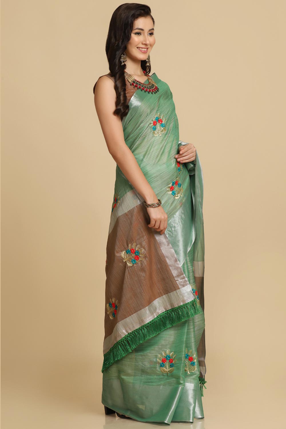 Buy Sea Green Resham Embroidery One Minute Saree Online - Back
