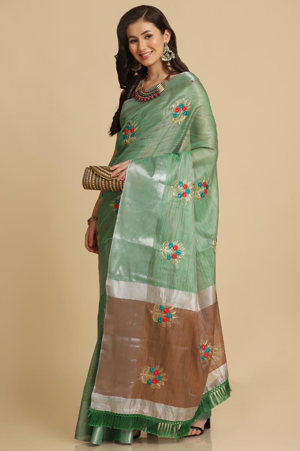 Buy Sea Green Resham Embroidery One Minute Saree Online - Front