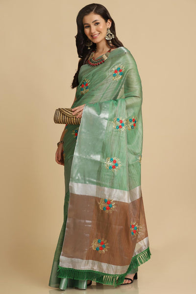 Buy Sea Green Resham Embroidery One Minute Saree Online - Front