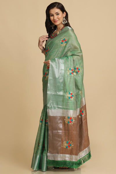 Buy Sea Green Resham Embroidery One Minute Saree Online - Zoom Out