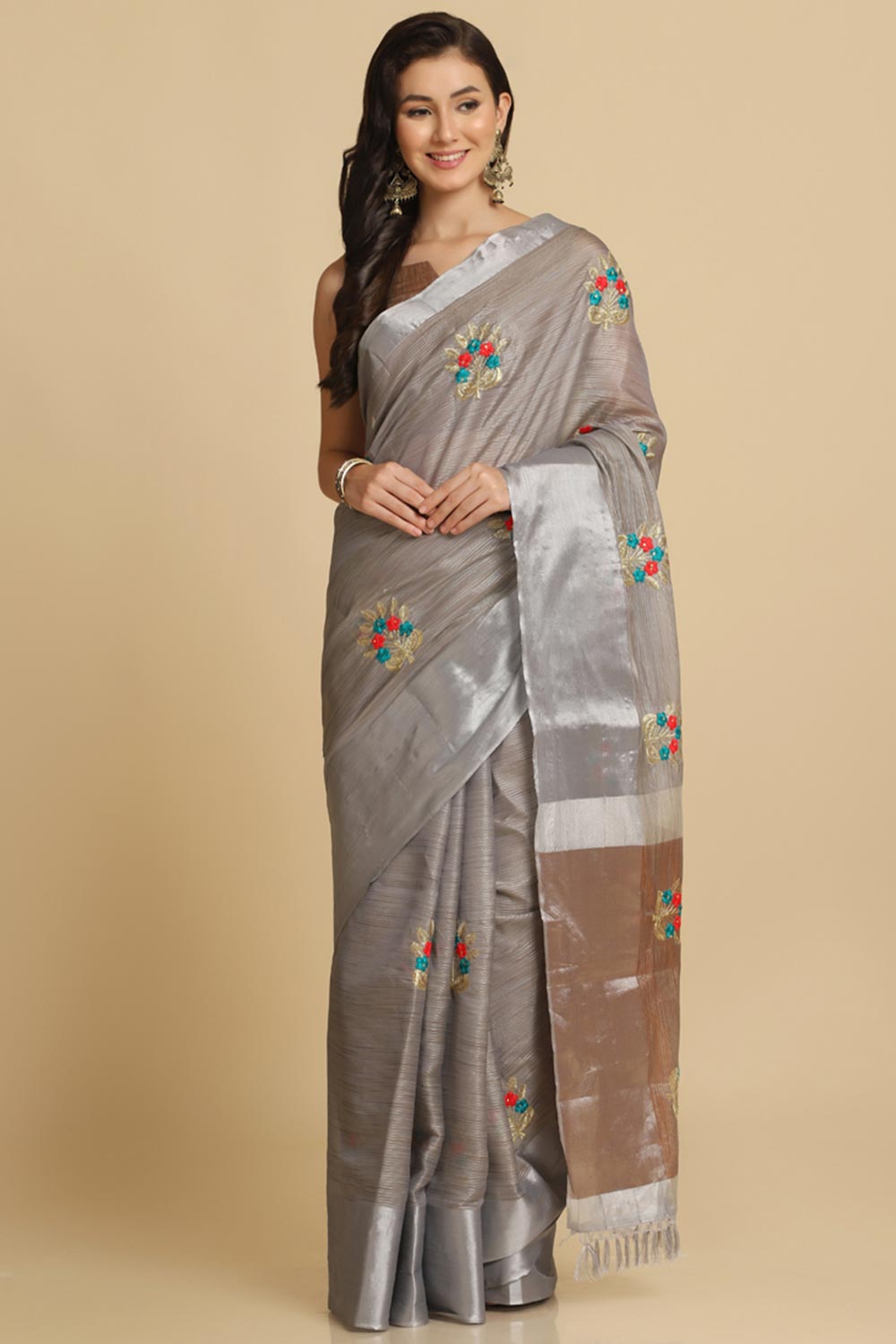 Buy Grey Resham Embroidery One Minute Saree Online