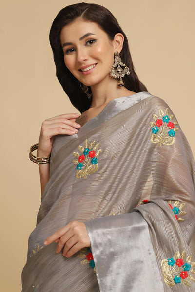 Buy Grey Resham Embroidery One Minute Saree Online - Back