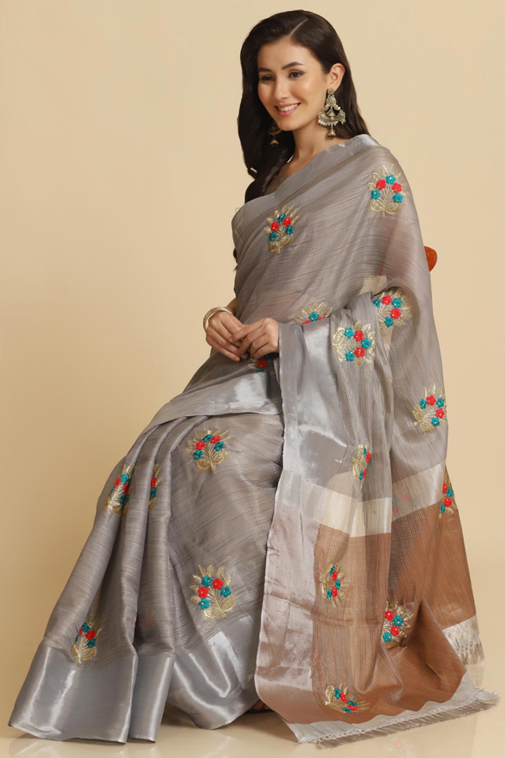 Buy Grey Resham Embroidery One Minute Saree Online - Front
