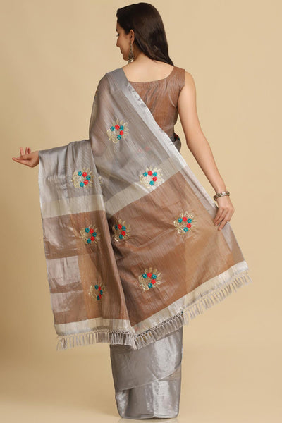 Buy Grey Resham Embroidery One Minute Saree Online - Zoom In