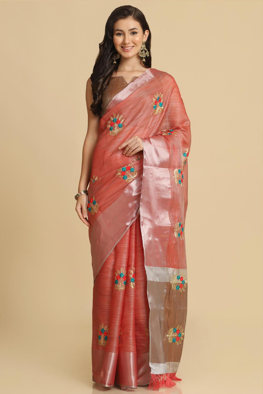Buy Peach Resham Embroidery One Minute Saree Online