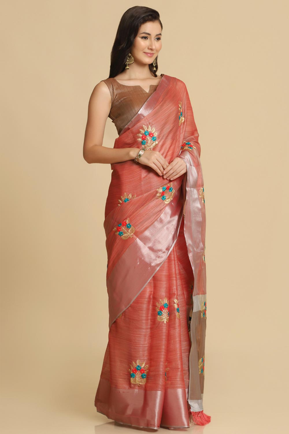 Buy Peach Resham Embroidery One Minute Saree Online - Back
