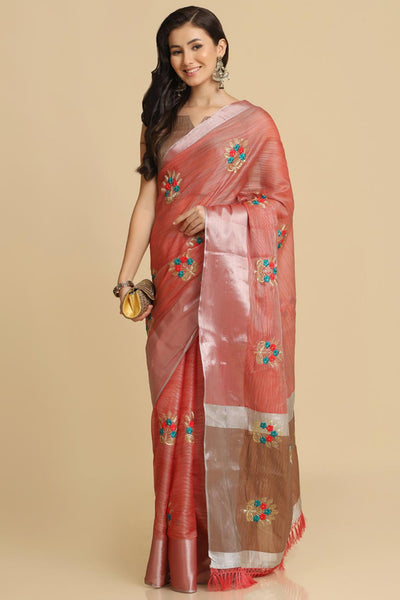 Buy Peach Resham Embroidery One Minute Saree Online - Front