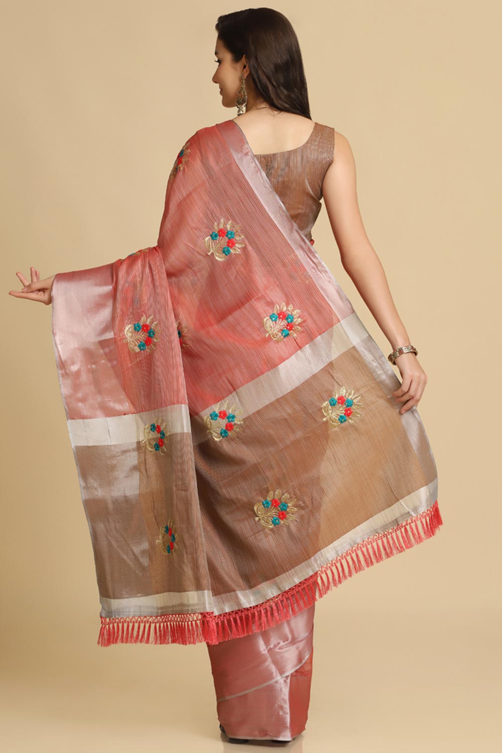 Buy Peach Resham Embroidery One Minute Saree Online - Zoom In