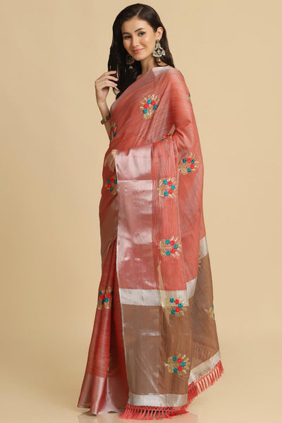 Buy Peach Resham Embroidery One Minute Saree Online - Zoom Out