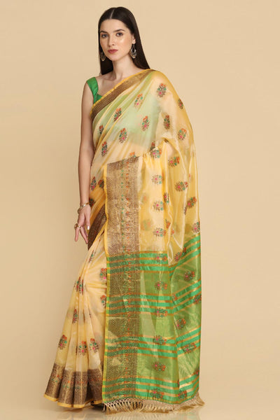 Buy Cream Organza Silk With Stone Work One Minute Saree Online - Zoom Out