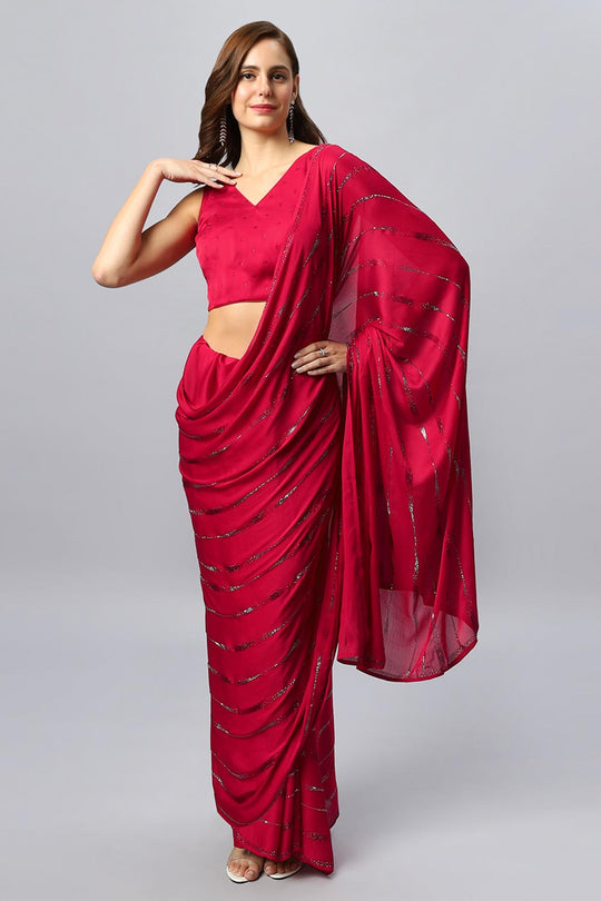 Alice Red Satin Silk Solid Ready to Wear One Minute Saree