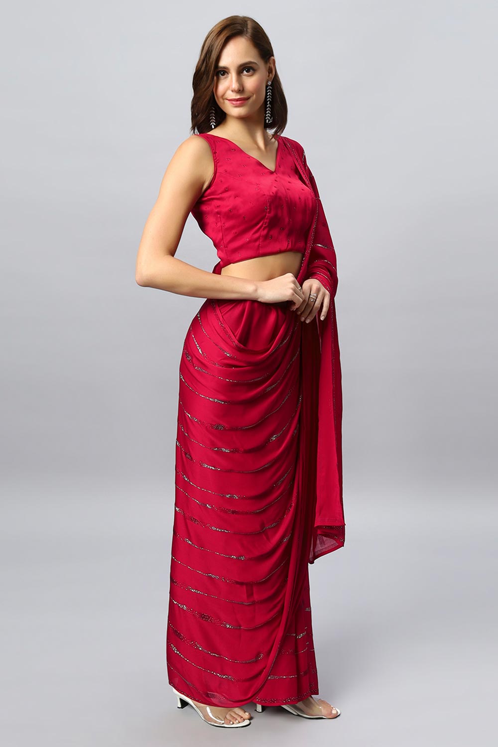 Alice Red Satin Silk Solid Ready to Wear One Minute Saree