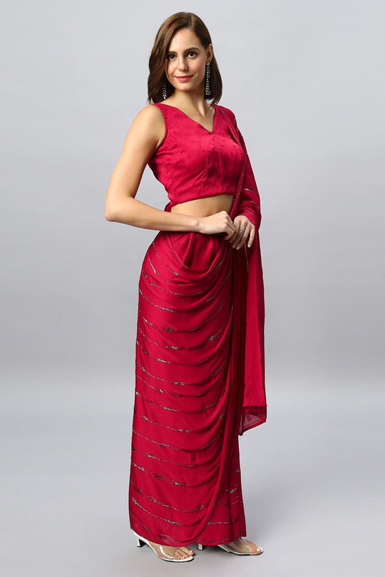 Alice Red Satin Silk Solid Ready to Wear One Minute Saree