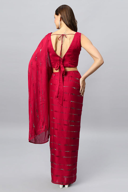 Alice Red Satin Silk Solid Ready to Wear One Minute Saree