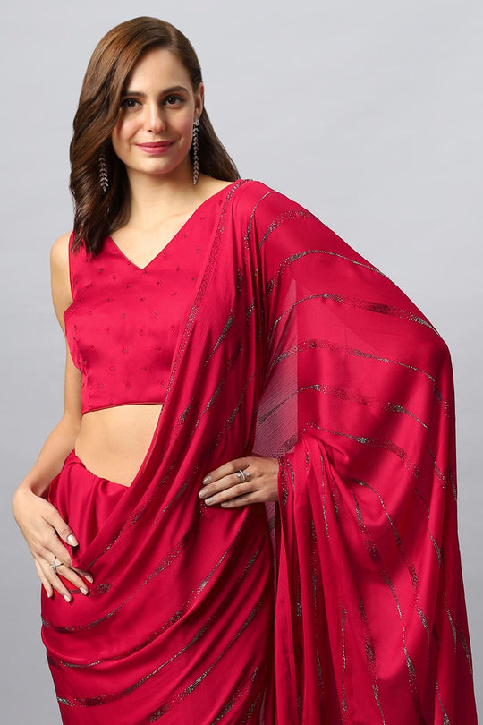 Alice Red Satin Silk Solid Ready to Wear One Minute Saree