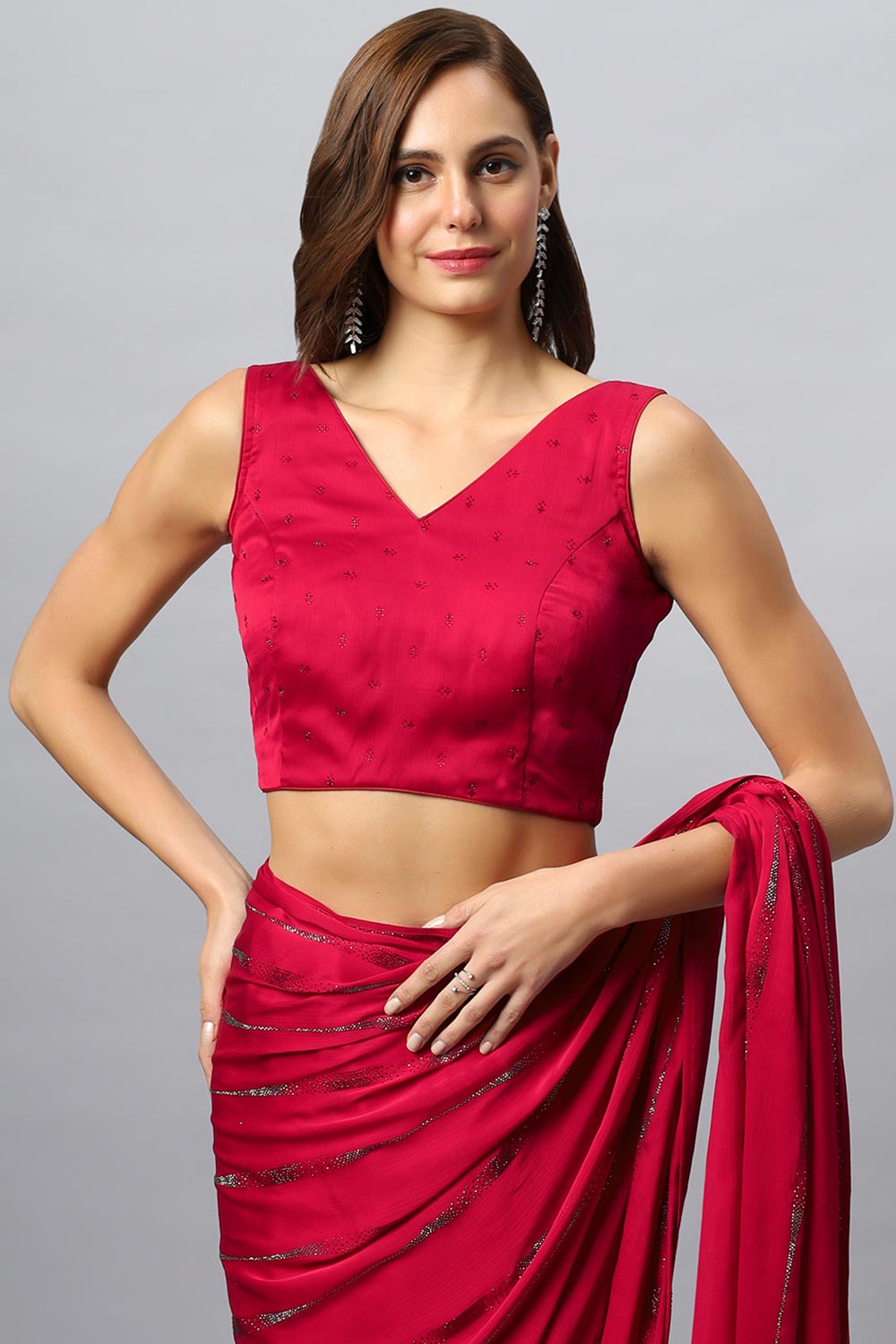 Alice Red Satin Silk Solid Ready to Wear One Minute Saree