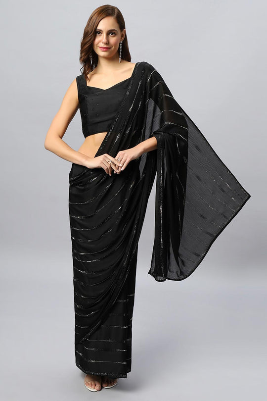 Vendy Black Satin Silk Sequins Ready to Wear One Minute Saree