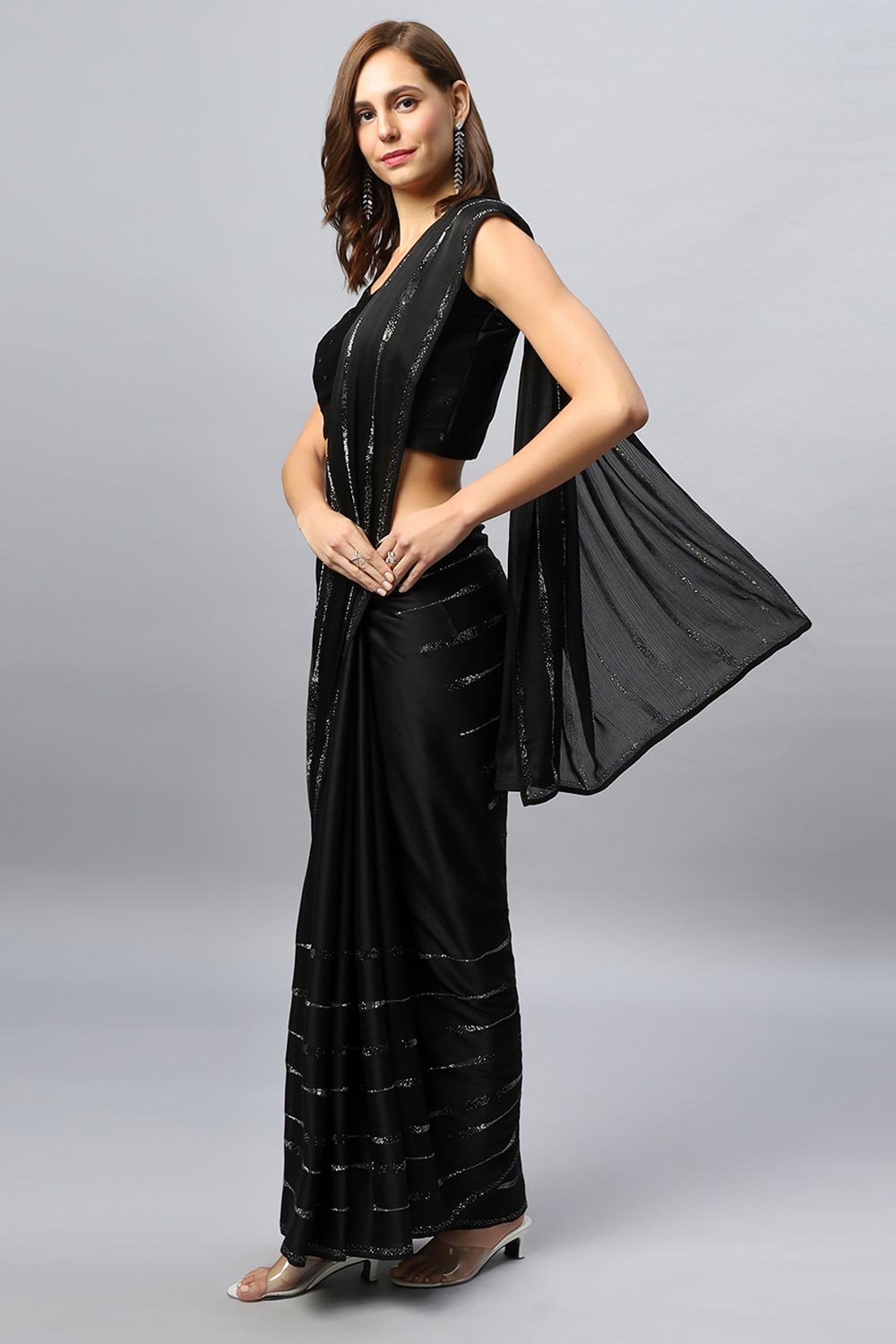 Vendy Black Satin Silk Sequins Ready to Wear One Minute Saree
