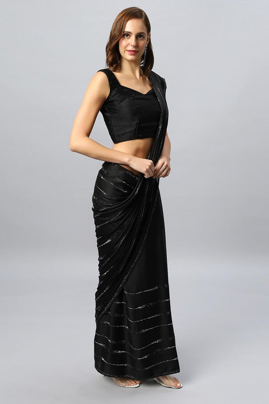 Vendy Black Satin Silk Sequins Ready to Wear One Minute Saree