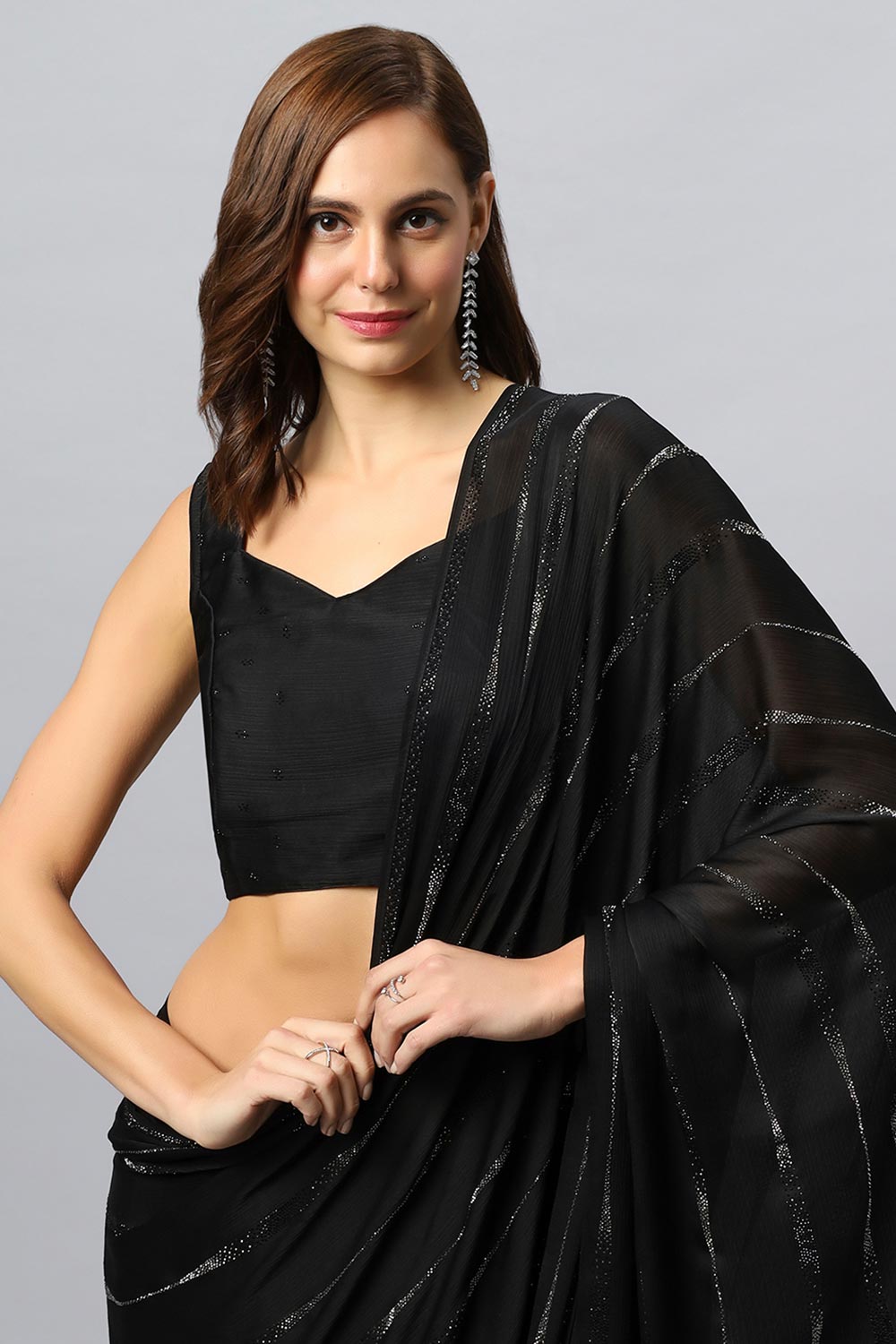 Vendy Black Satin Silk Sequins Ready to Wear One Minute Saree