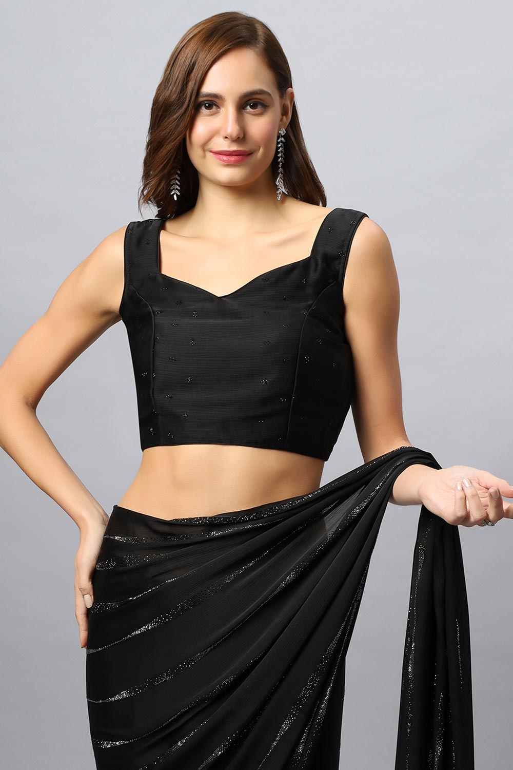 Vendy Black Satin Silk Sequins Ready to Wear One Minute Saree