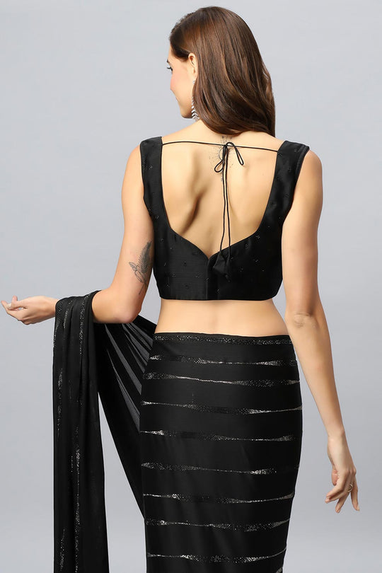 Vendy Black Satin Silk Sequins Ready to Wear One Minute Saree