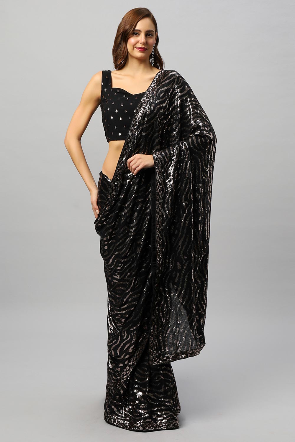 Mila Luxe Black & Rose Gold Sequin One Minute Saree