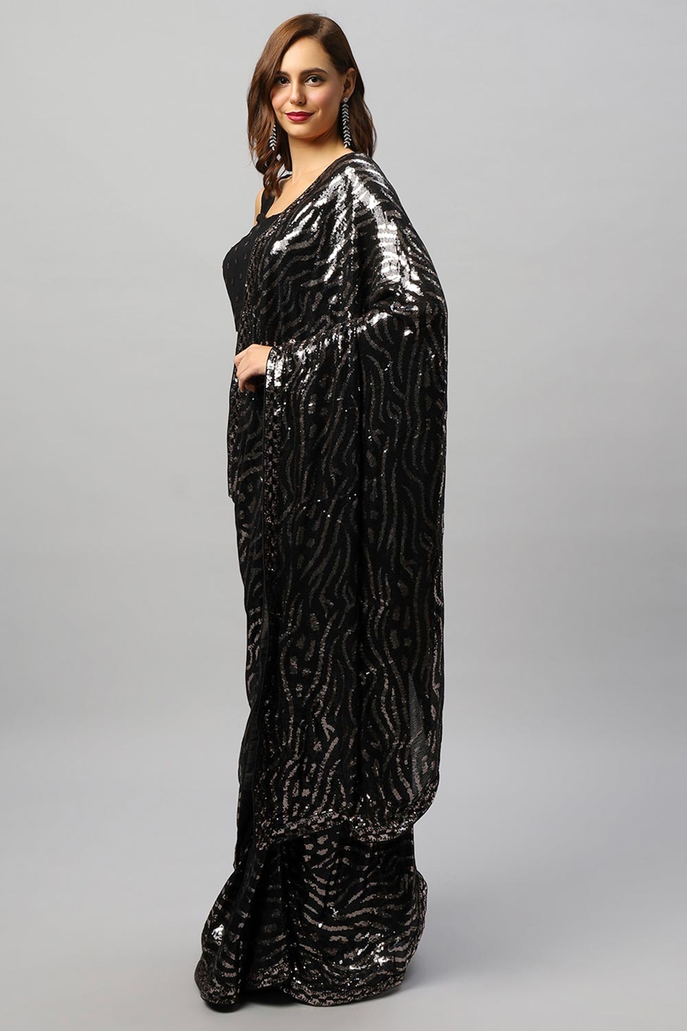 Mila Luxe Black & Rose Gold Sequin One Minute Saree