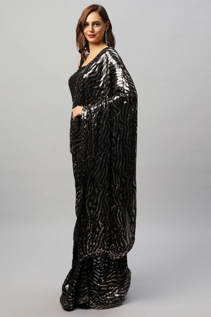 Mila Luxe Black & Rose Gold Sequin One Minute Saree