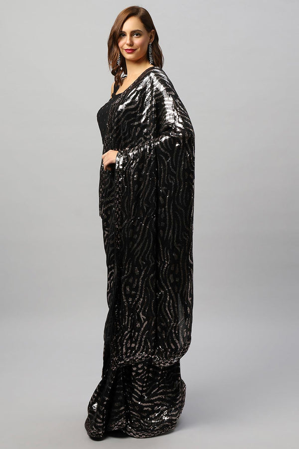 Mila Luxe Black & Rose Gold Sequin One Minute Saree